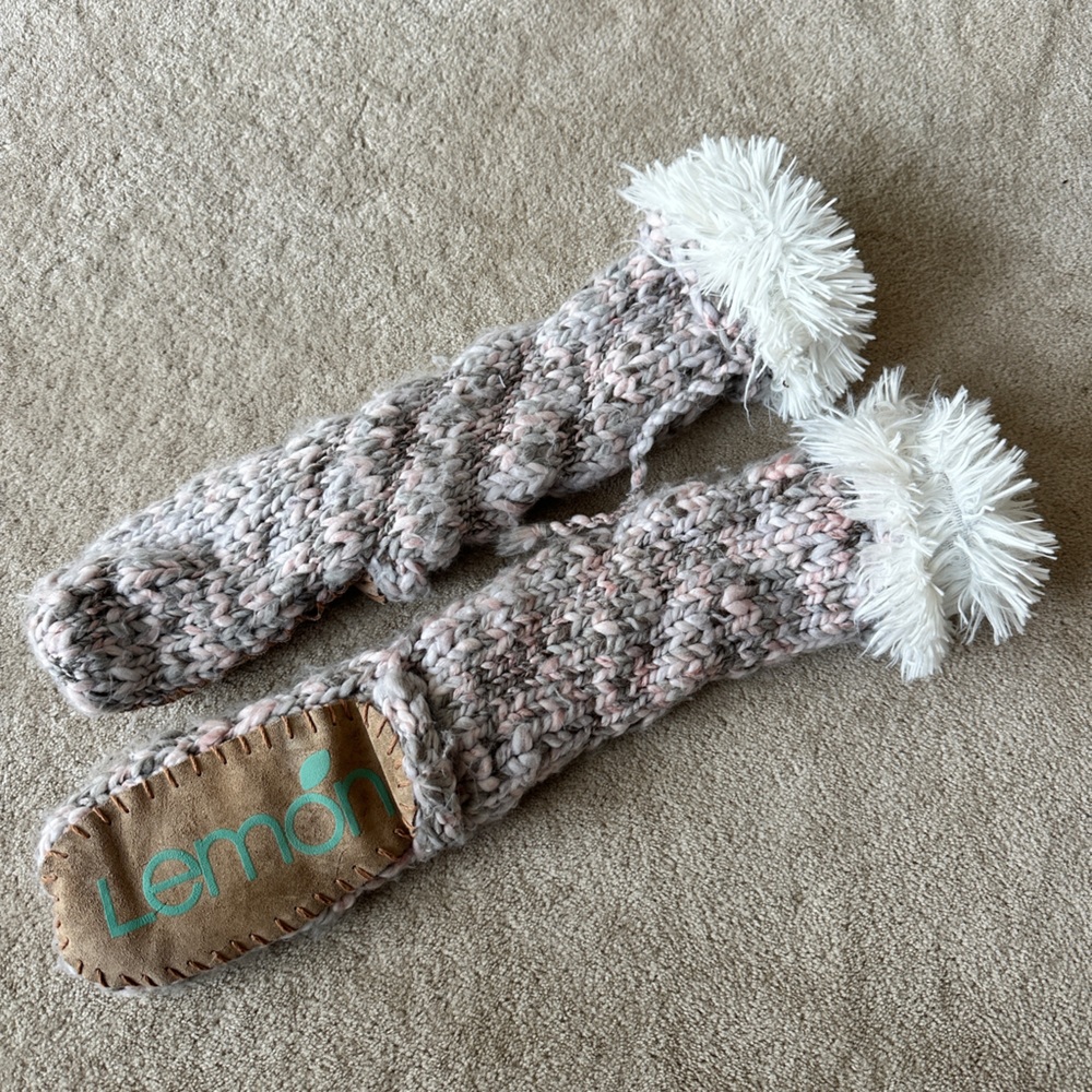 Lemon Knit Slipper Socks - Pink,grey and White